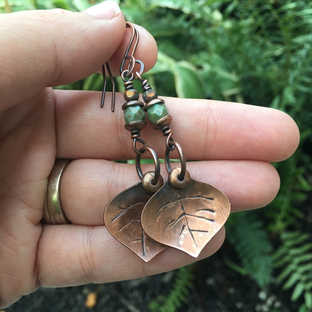 Copper leaf Czech glass bead dangle earrings - Picture 3 of 6